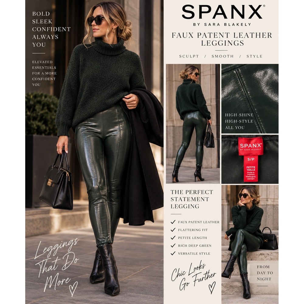 SPANX Deep Green Faux Patent Leather Leggings S Petite Moto Chic Fall